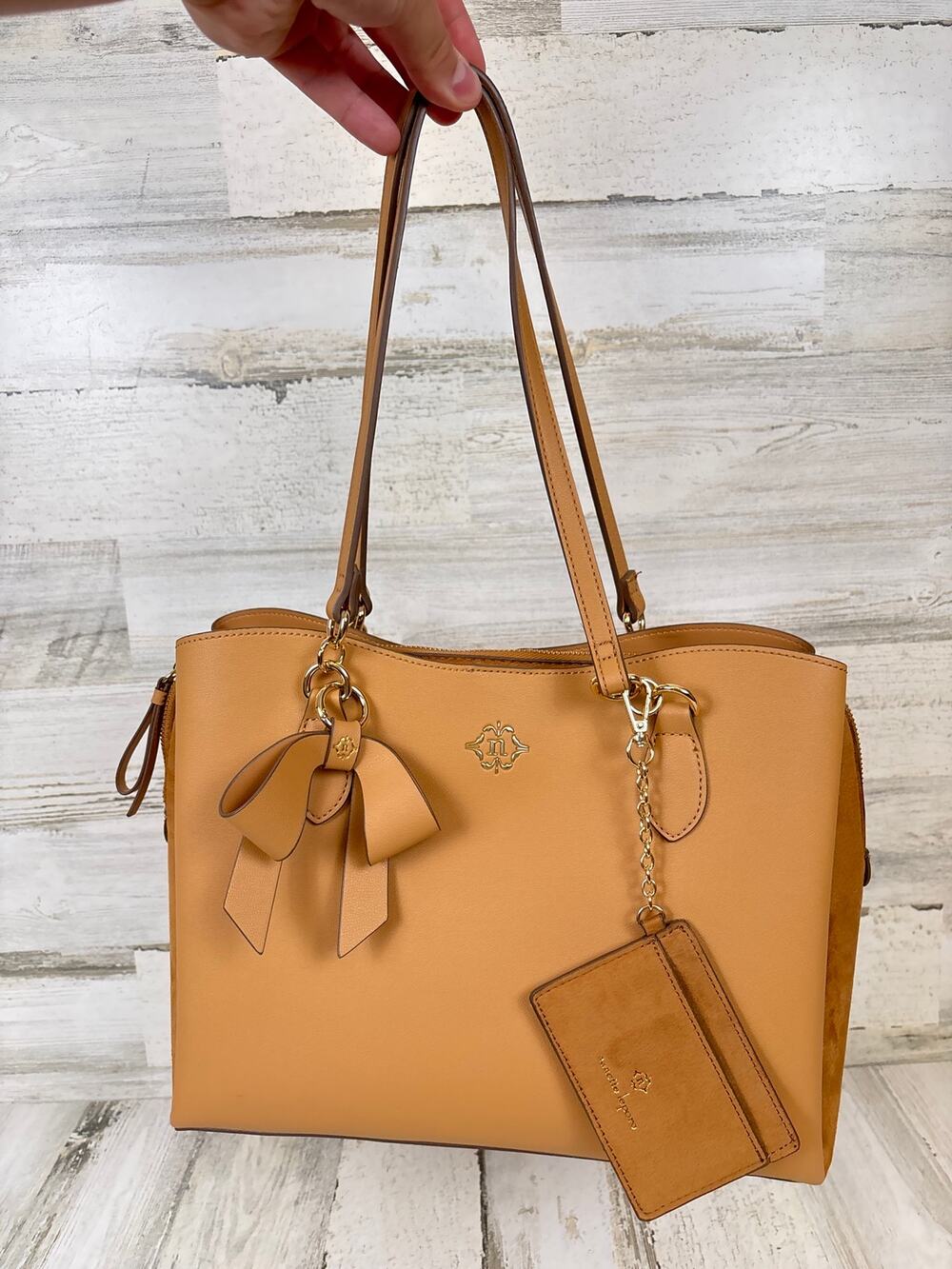 Nanette Lepore Womens Tan Leather Suede Bow Shoulder Bag Wallet Set NEW